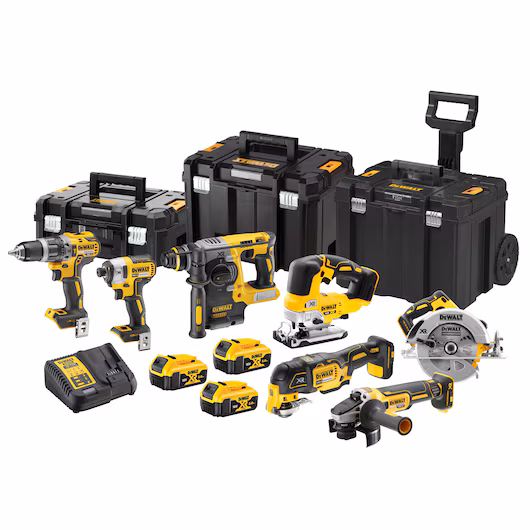Picture of Dewalt DCK755P3T 7pc 18V XR Brushless Combo Kit Includes DCD796 2 Speed Combi Drill DCF887 3 Speed Impact Driver DCH273 SDS Drill DCS355 Multi Tool DCS570 Circular Saw DCG405 Angle Grinder DCS334 Jigsaw C/W 3 x 5.0Ah Li-ion Batteries & Charger With Shallow T-stak Box Deep T-stak Box & Deep T-stak Box With Wheels