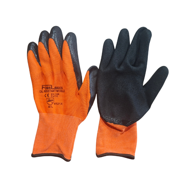 Picture of Black Oil Resistant Nitrle Foam Glove W/ Sand Finish Grip & Hi-Vis Orange Polyester Liner (**Sold As Singles)  (Qtys:  Pkt 12, Carton 120)