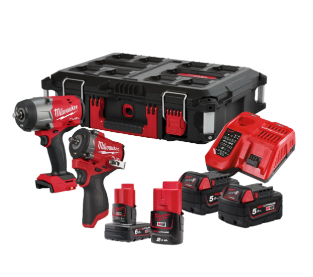 Picture of Milwaukee M18FPP2AQ2-564P 2pc M18/M12 Power Pack Includes M18 FHIW2F12 1/2" Impact Wrench C/W 2 x 5.0Ah's  & M12 FCIWF38G3 3/8" Impact Wrench C/W 1 x 2.0Ah+6.0Ah Batteries & Charger In Packout Box