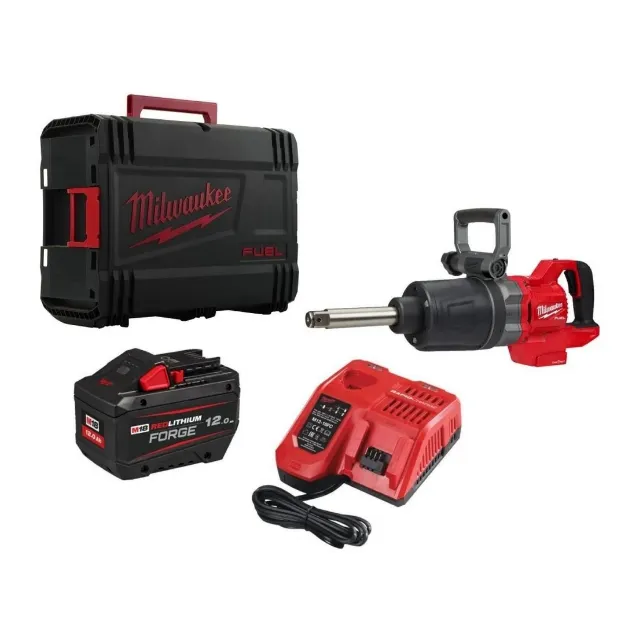 Picture of Milwaukee M18 ONEFHIWF1D-121C M18 1" D-Handle Impact Wrench With Friction Ring and Extended Anvil 2576Nm Max Bolt M42 12.7kg C/W 1 x 12.0Ah Forge Li-ion Battery & Charger In Box