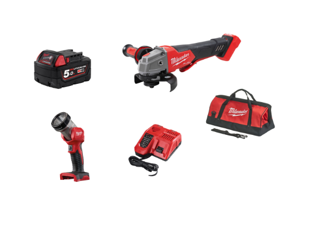 Picture of Milwaukee M18 FSAG115X-0 41/2" 115mm  Angle Grinder with Slide Switch 3500-8500rpm 2.6kg M12-18FC Charger and 1 no. 5Ah M18 Battery and M18TLED torch in Bag